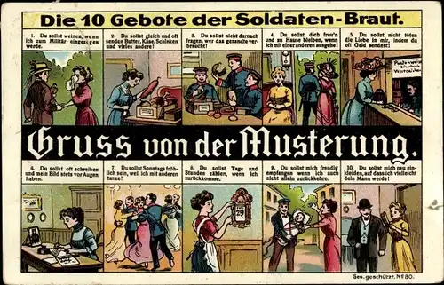 Litho Die 10 Gebote der Soldaten-Braut, Gruß von der Musterung