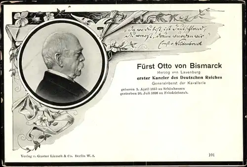 Passepartout Ak Fürst Otto von Bismarck, Tauerkarte zum Tod, Portrait