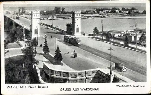 Ak Warszawa Warschau Polen, Neue Brücke, Straßenbahn
