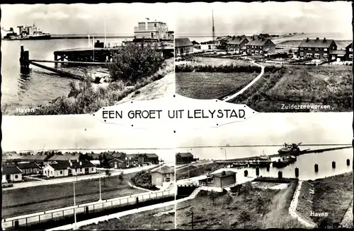 Ak Lelystad Flevoland Niederlande, Zuiderzee Works, Hafen, Wohnhäuser