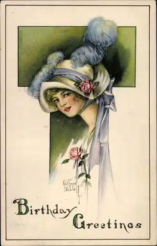 Künstler Ak Glückwunsch Geburtstag, Frau-Portrait, Hut, Rosen