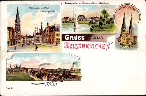 Litho Gelsenkirchen im Ruhrgebiet, Neumarkt, Post, Amtsgericht, Kaisergarten, Restauration, Kirche