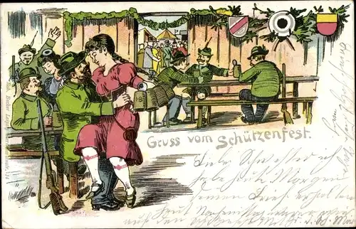 Litho Schützenfest, Festzelt, Schütze mit Kellnerin auf dem Schoß, Bierkrüge