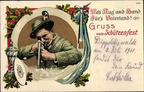 Ak Schützenfest, Schütze mit Gewehr, Schießscheibe, Eichenlaub, Wappen, Pokal