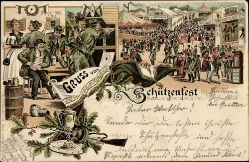 Litho Gruß vom Schützenfest, Festplatz, Schützen, Eichenlaub, Gewehr