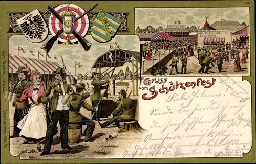 Litho Schützenfest, Schütze beim Schießen, Besucher, Wappen, Schießscheibe