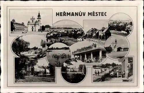 Ak Heřmanův Městec Hermannstädtel Reg. Pardubice, Marktplatz, Rathaus, Freibad