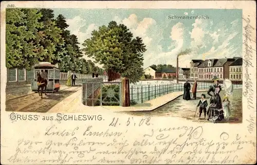 Litho Schleswig in Schleswig Holstein, Schwanenteich, Straßenbahn