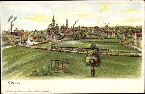 Litho Kleve am Niederrhein, Dampflok, Windmühle, Stadtpanorama