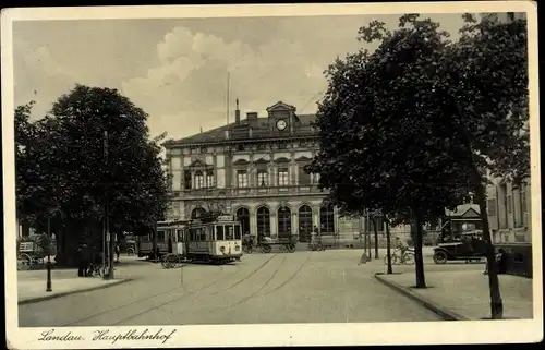 Ak Landau in der Pfalz, Hauptbahnhof, Straßenbahn