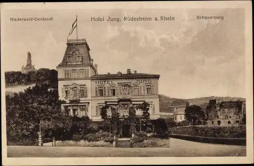 Ak Rüdesheim am Rhein, Hotel Jung, Brömersburg, Niederwald Denkmal