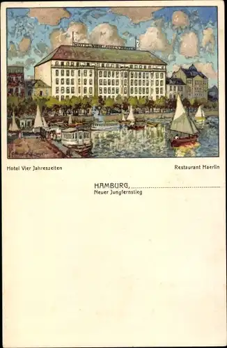 Künstler Ak Hamburg Mitte Altstadt, Neuer Jungfernstieg, Hotel Vier Jahreszeiten, Restaurant Haerlin