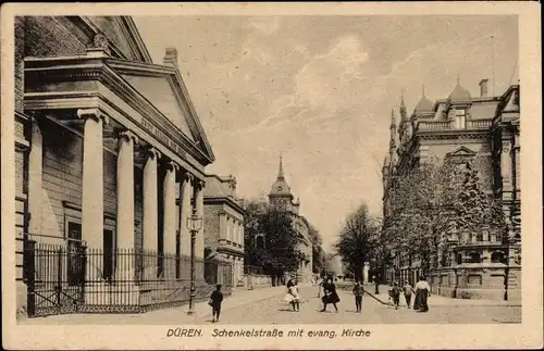 Ak Düren in Nordrhein Westfalen, Schenkelstraße mit evang. Kirche