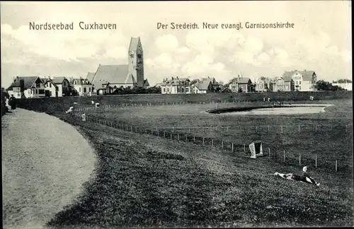 Ak Nordseebad Cuxhaven, Seedeich, Garnisonskirche