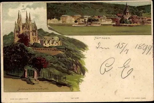 Künstler Litho Remagen am Rhein, Totale, Apollinariskirche