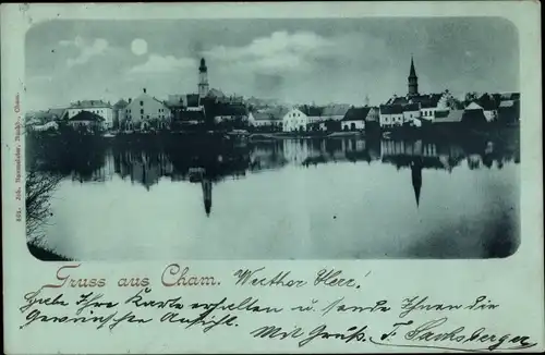 Mondschein Ak Cham in der Oberpfalz, Stadt bei Nacht