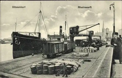 Ak Düsseldorf am Rhein, Rheinwerft, Hafenansicht, Dock mit Schiff, Hafenkran