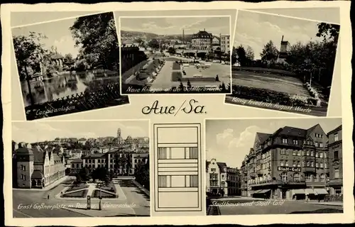 Ak Aue im Erzgebirge Sachsen, Carola Anlagen, Stadthaus, Stadt-Cafe, Ernst Geßner Platz, Dürerschule