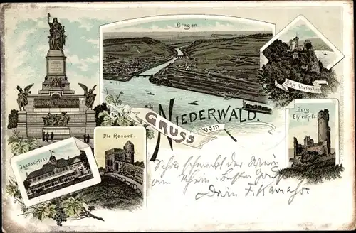 Vorläufer Litho Rüdesheim am Rhein in Hessen, Burg Rheinstein, Rossel, Niederwalddenkmal