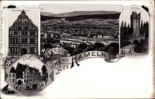 Litho Hameln an der Weser Niedersachsen, Rattenfängerhaus, Hochzeitshaus, Klütturm, Totale