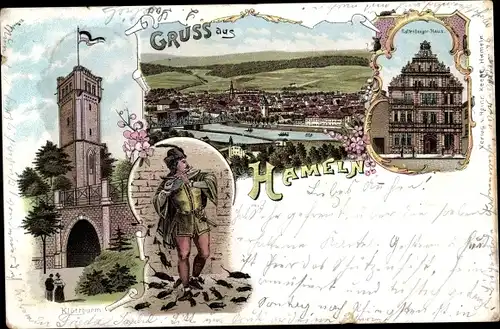 Litho Hameln in Niedersachsen, Rattenfängerhaus, Klütturm, Gesamtansicht