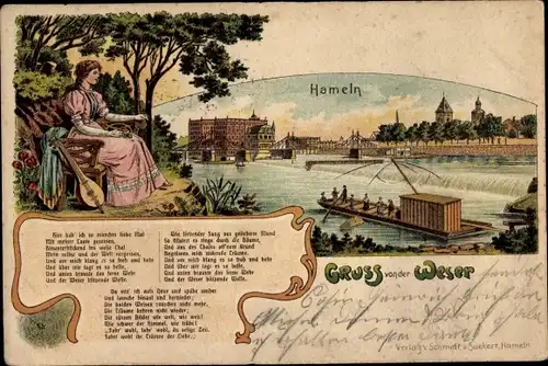 Litho Hameln in Niedersachsen, Weserlied von Dingelstedt, Flusspartie mit Blick auf die Stadt