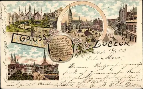 Litho Hansestadt Lübeck, Hauptstraße, Marktplatz, Kirche