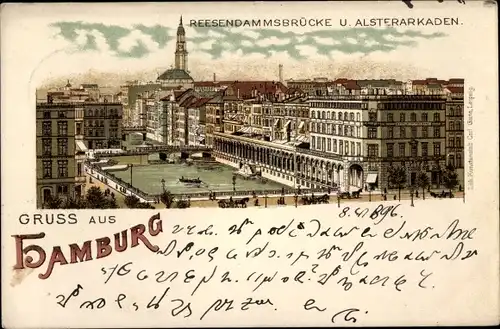 Litho Hamburg, Reesendammbrücke und Alsterarkaden