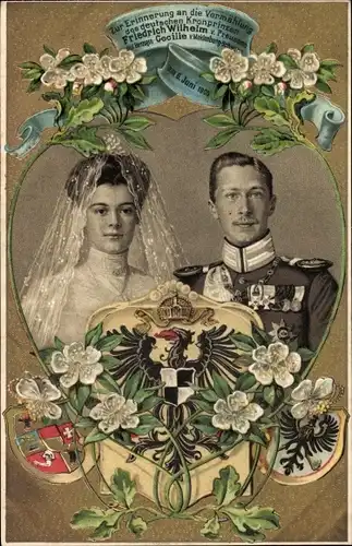 Präge Wappen Ak Kronprinz Wilhelm von Preußen, Kronprinzessin Cecilie, Hochzeit