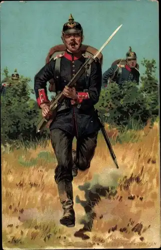 Künstler Litho Hoffmann, A., Preußische Infanterie 1. Armeekorps, feldmarschmäßig, Soldat, Bajonett