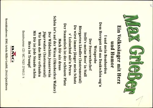 Ak Schauspieler Max Grießer, Portrait, Autogramm, Volkssänger mit Humor und Herz