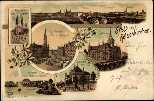 Litho Gelsenkirchen im Ruhrgebiet, Moltkeplatz, Kath. Kirche, Neumarkt, Rathaus, Landratsamt