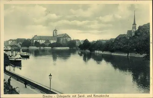 Ak Wrocław Breslau in Schlesien, Oderpartie mit Sand und Kreuzkirche, Dampfer