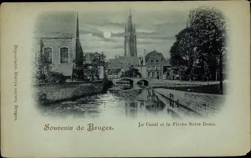 Mondschein Ak Brügge Brügge Flandern Westflandern, Der Kanal und der Pfeil Notre Dame