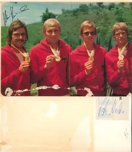 Ak Fußballer, Manfred Kaltz, Hamburger SV, Portrait, Autogramm, Schwimmer Peter Nocke