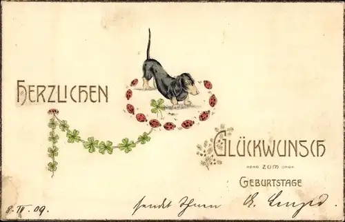 Ak Glückwunsch Geburtstag, Dackel, Glücksklee, Marienkäfer