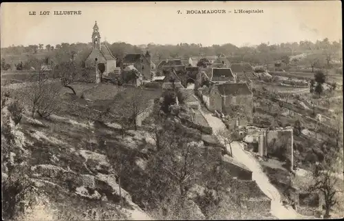 Ak Rocamadour Lot, vue générale d'oiseau du village, Église, L'Hospitalet