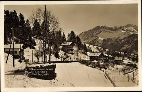 Ak Arveyes Kt. Waadt Schweiz, Chalet Genisee et Chalet Anglais, Ortschaft mit Landschaftsblick