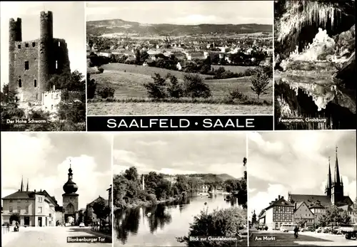 Riesen Ak Saalfeld an der Saale Thüringen, Hoher Schwarm, Feengrotten, Blankenburger Tor, Markt