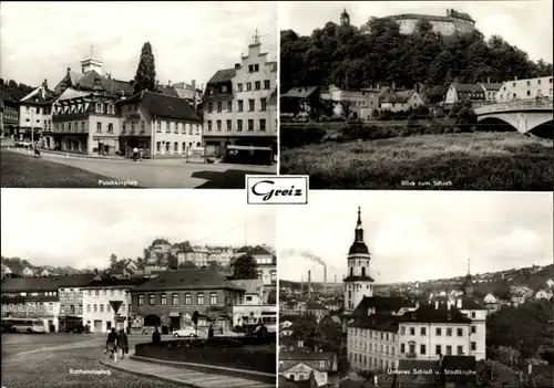 Riesen Ak Greiz in Thüringen, Puschkinplatz, Rathenauplatz, Schloss, Stadtkirche