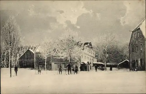 Ak Holzhau Rechenberg Bienenmühle, Fischer's Gasthof, Skifahrer, Winter