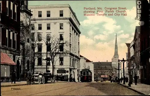 Ak Portland Maine USA, Congress Street, First Parish Church, City Hall, Masonic Temple, Straßenbahn