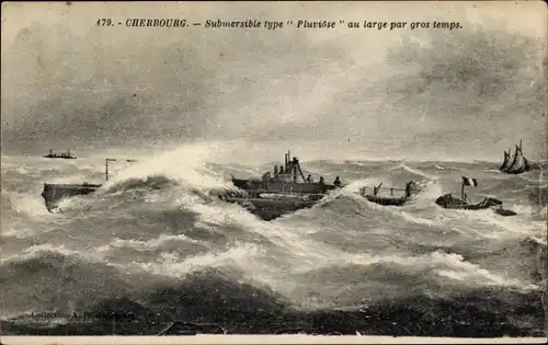 Ak Cherbourg Manche, Submbersible Typ Pluviose vor der Küste bei schwerem Wetter