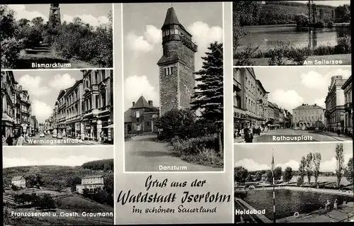 Ak Iserlohn, Bismarckturm, Seilersee, Rathauslatz, Danzturm, Heidebad, Gasthaus Graumann