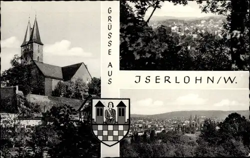 Ak Iserlohn im Märkischen Kreis, Stadtwappen, Ortsansicht, Kirche