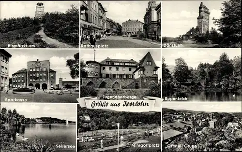 Ak Iserlohn, Bismarckturm, Rathausplatz, Danzturm, Rupenteich, Seilersee, Jugendherberge, Minigolf
