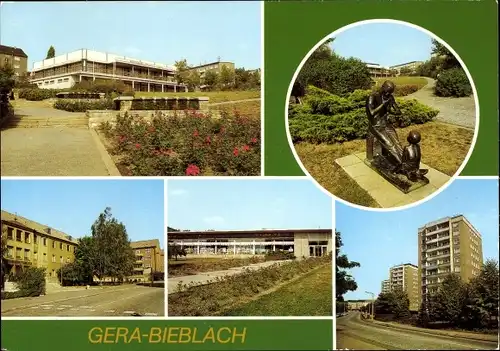 Ak Bieblach Gera, HO Wismut Gaststätte Grüne Mulde, Kaufhalle Nord, Bergarbeiter Poliklinik