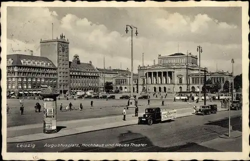 Ak Leipzig, Augustusplatz, Hochhaus, Neues Theater, Litfaßsäule, Reklame Ford-LKW