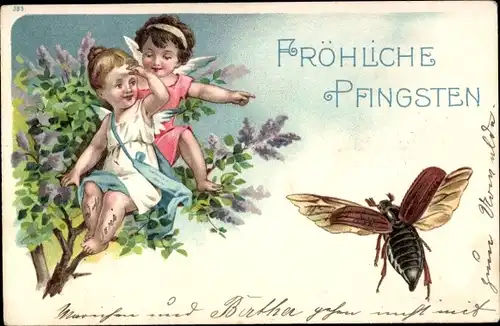 Präge Litho Glückwunsch Pfingsten, Zwei Engel am Baum, Maikäfer