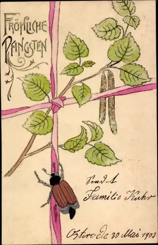 Präge Litho Glückwunsch Pfingsten, Maikäfer klettern auf einen Baum